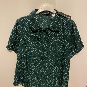 Allegra K NWT Women's Dark Green Dotted Blouse